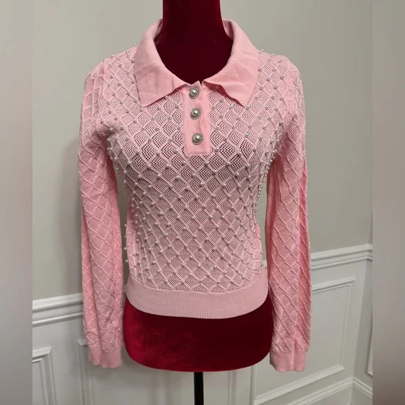 Lizette Collection vintage-style, long-sleeve knit polo women’s sweater. - Picture 1 of 7